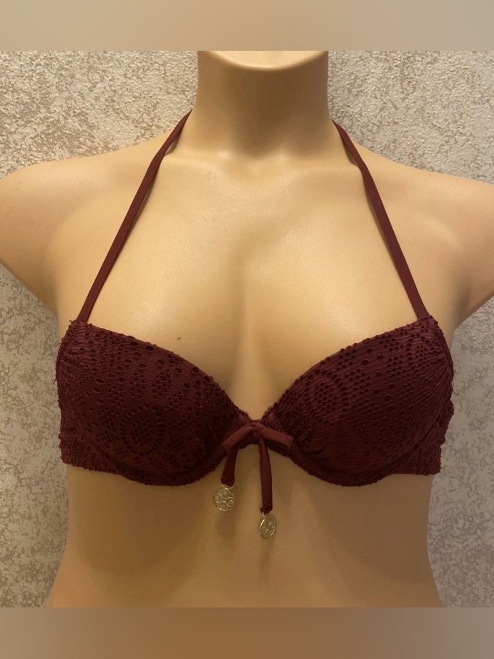 H&M Burgundy Crochet Halter Bikini Top
